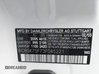 2003 Mercedes-Benz SL 500 z VIN WDBSK75F73F045221, wystawiony jako IAAI lot #42250517 z przebiegiem 103 803 mil mil oraz . Historia ofert i sprzedaży dostępna na DreamBid. Obrazek 9.