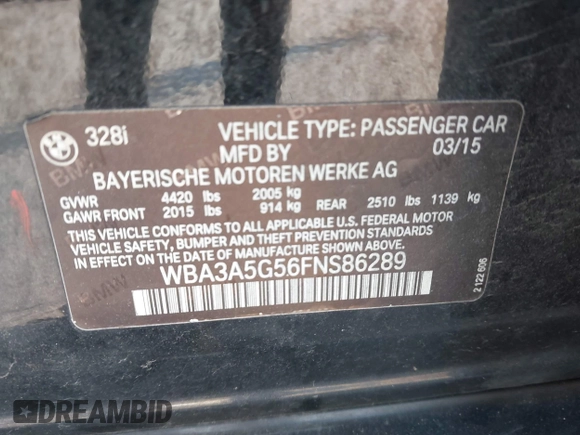 2015 BMW 3 Series 328i z VIN WBA3A5G56FNS86289, wystawiony jako IAAI lot #42150471 z przebiegiem 114 625 mil mil oraz . Historia ofert i sprzedaży dostępna na DreamBid. Obrazek 9.