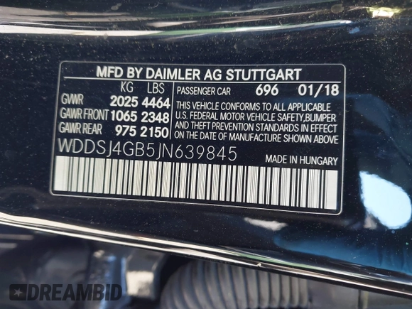 2018 Mercedes-Benz CLA 250 with VIN WDDSJ4GB5JN639845, listed as a IAAI auction lot 42042340 with 52,604 mi miles and . Bid and sale history available at DreamBid. Image 9.