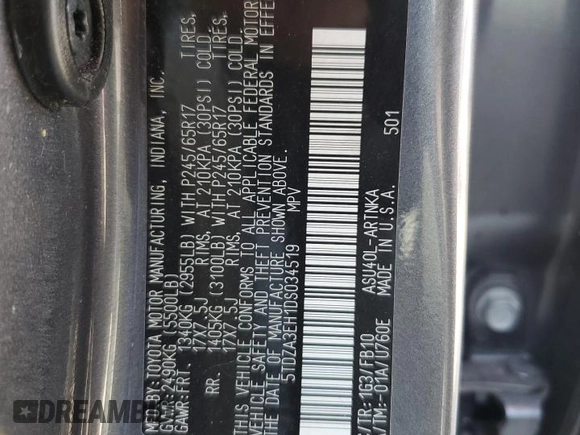 2013 Toyota Highlander with VIN 5TDZA3EH1DS034519, listed as a Copart auction lot 55595415 with Not Provided miles and Non Repairable. Bid and sale history available at DreamBid. Image 13.
