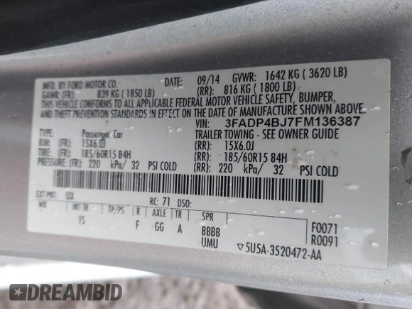 2015 Ford Fiesta SE with VIN 3FADP4BJ7FM136387, listed as a IAAI auction lot 41671370 with 181,973 mi miles. Bid and sale history available at carsss.com. Image 9.