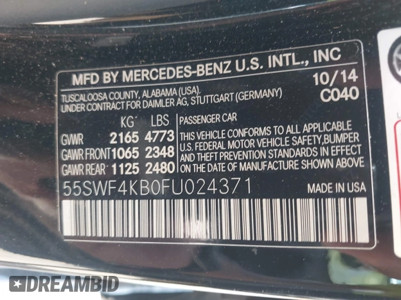 2015 Mercedes-Benz C 300 Luxury with VIN 55SWF4KB0FU024371, listed as a IAAI auction lot 42056336 with 50,530 mi miles and . Bid and sale history available at DreamBid. Image 9.