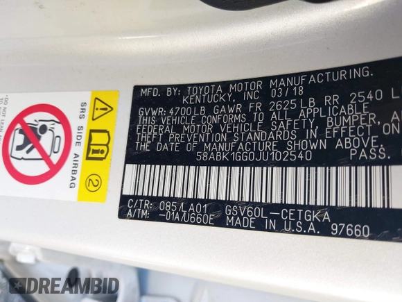 2018 Lexus ES with VIN 58ABK1GG0JU102540, listed as a IAAI auction lot 41858646 with 61,505 mi miles. Bid and sale history available at carsss.com. Image 9.