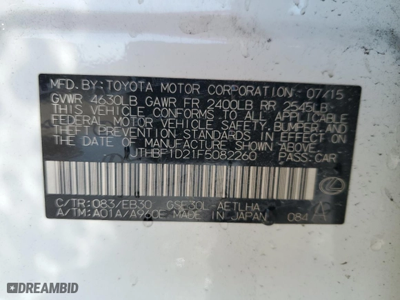 2015 Lexus IS 250 with VIN JTHBF1D21F5082260, listed as a Copart auction lot 52894785 with 112,029 mi miles and Clean Title. Bid and sale history available at carsss.com. Image 12.