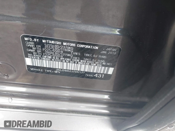 2018 Mitsubishi Outlander SEL with VIN JA4J24A52JZ042127, listed as a IAAI auction lot 42160276 with 106,789 mi miles and . Bid and sale history available at DreamBid. Image 9.