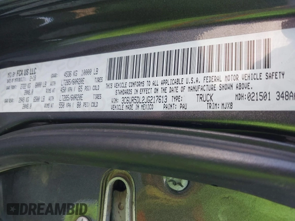 2018 Ram 2500 Big Horn with VIN 3C6UR5DL2JG217613, listed as a IAAI auction lot 41787606 with 101,712 mi miles. Bid and sale history available at carsss.com. Image 9.