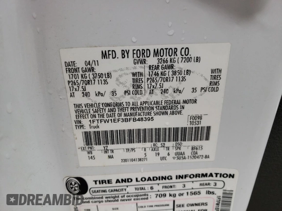 2011 Ford F-150 XL with VIN 1FTFW1EF3BFB48395, listed as a Copart auction lot 51044025 with 274,302 mi miles and Salvage Title. Bid and sale history available at DreamBid. Image 12.
