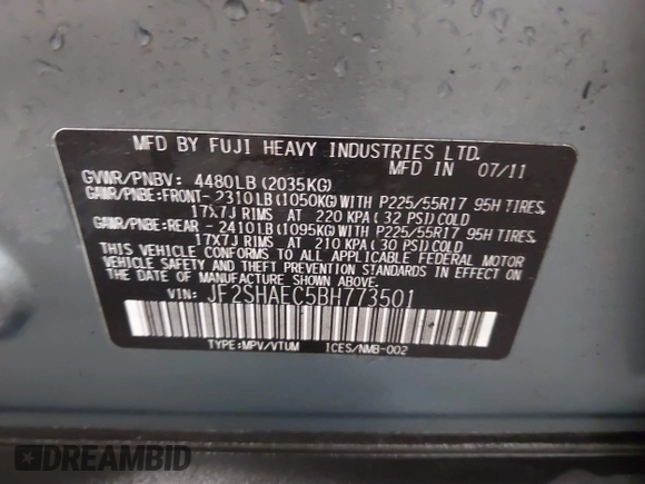 2011 Subaru Forester X Limited with VIN JF2SHAEC5BH773501, listed as a IAAI auction lot 42194123 with 142,902 mi miles and . Bid and sale history available at DreamBid. Image 9.