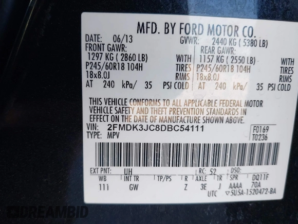 2013 Ford Edge SEL with VIN 2FMDK3JC8DBC54111, listed as a IAAI auction lot 41370384 with 141,419 mi miles. Bid and sale history available at carsss.com. Image 9.