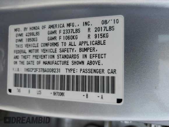 2011 Honda Accord LX z VIN 1HGCP2F37BA008231, wystawiony jako Copart lot #55414505 z przebiegiem 180 225 mil mil oraz Szkoda całkowita • Salvage title. Historia ofert i sprzedaży dostępna na DreamBid. Obrazek 12.