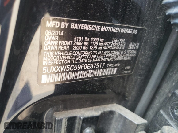2015 BMW X4 xDrive35i with VIN 5UXXW5C59F0E87517, listed as a Copart auction lot 59604445 with 185,064 mi miles and Salvage title. Bid and sale history available at DreamBid. Image 13.