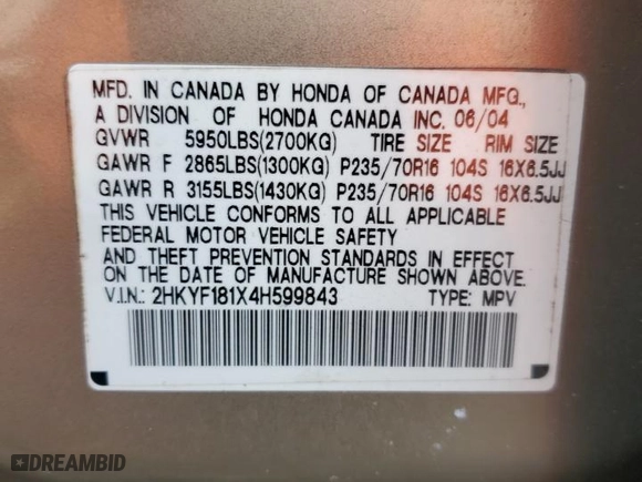 2004 Honda Pilot LX with VIN 2HKYF181X4H599843, listed as a Copart auction lot 45093525 with 223,216 mi miles and Salvage Title. Bid and sale history available at carsss.com. Image 13.