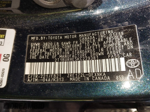2019 Toyota Corolla L z VIN 2T1BURHE5KC229381, wystawiony jako IAAI lot #41983891 z przebiegiem 98 897 mil mil oraz . Historia ofert i sprzedaży dostępna na DreamBid. Obrazek 9.