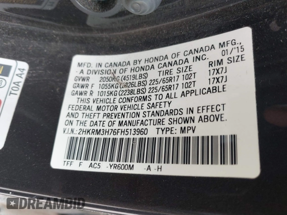 2015 Honda CR-V EX-L with VIN 2HKRM3H76FH513960, listed as a IAAI auction lot 40580780 with Not Provided miles. Bid and sale history available at carsss.com. Image 9.