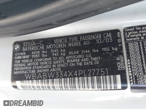 2004 BMW 3 Series 325Ci with VIN WBABW334X4PL27751, listed as a IAAI auction lot 42187358 with 172,136 mi miles and . Bid and sale history available at DreamBid. Image 9.