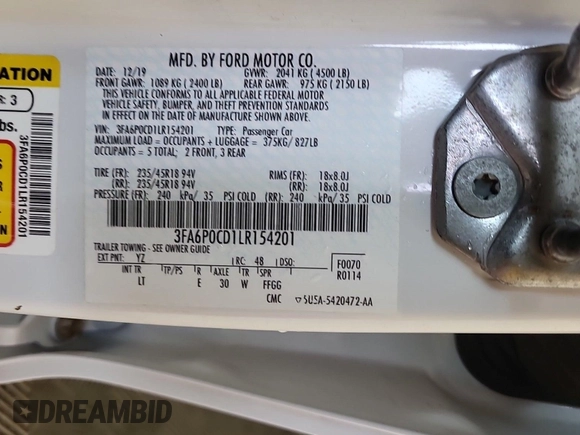 2020 Ford Fusion SEL with VIN 3FA6P0CD1LR154201, listed as a IAAI auction lot 42715761 with 99,448 mi miles and . Bid and sale history available at DreamBid. Image 36.