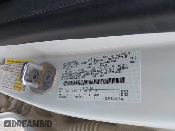 2020 Ford Escape SE with VIN 1FMCU9G67LUC31633, listed as a IAAI auction lot 42173290 with 136,937 mi miles and . Bid and sale history available at DreamBid. Image 9.