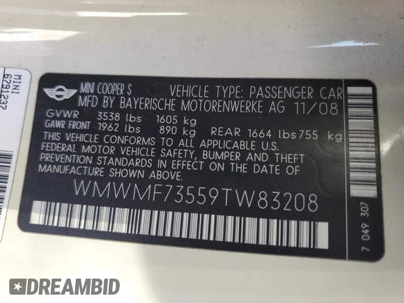 2009 MINI Hardtop S with VIN WMWMF73559TW83208, listed as a Copart auction lot 57347015 with 76,898 mi miles and Salvage title. Bid and sale history available at DreamBid. Image 13.