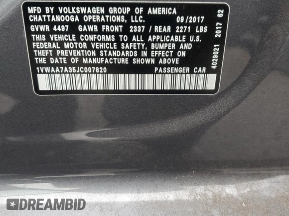 2018 Volkswagen Passat S z VIN 1VWAA7A35JC007820, wystawiony jako Copart lot #43833425 z przebiegiem 78 434 mil mil oraz Szkoda całkowita • Salvage title. Historia ofert i sprzedaży dostępna na DreamBid. Obrazek 12.