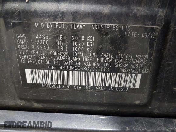2012 Subaru Legacy Premium with VIN 4S3BMCC6XC3033881, listed as a IAAI auction lot 42575345 with 133,137 mi miles and . Bid and sale history available at DreamBid. Image 9.