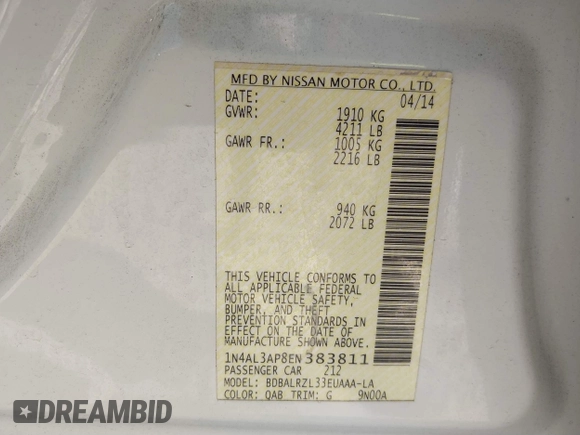 2014 Nissan Altima S with VIN 1N4AL3AP8EN383811, listed as a IAAI auction lot 41897220 with 109,839 mi miles and . Bid and sale history available at DreamBid. Image 9.