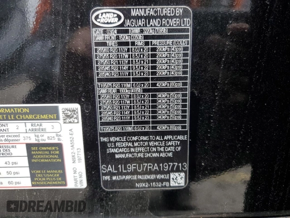 2024 Land Rover Range Rover Sport Dynamic SE with VIN SAL1L9FU7RA197713, listed as a Copart auction lot 59403465 with 4,320 mi miles and Salvage title. Bid and sale history available at DreamBid. Image 13.