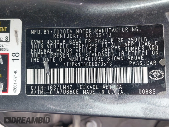 2013 Toyota Avalon XLE z VIN 4T1BK1EB0DU073513, wystawiony jako IAAI lot #42364719 z przebiegiem 208 242 mil mil oraz . Historia ofert i sprzedaży dostępna na DreamBid. Obrazek 9.
