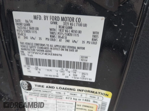 2014 Ford F-150 XL with VIN 1FTFW1CF4EKE88976, listed as a IAAI auction lot 41615014 with 119,856 mi miles and . Bid and sale history available at DreamBid. Image 9.