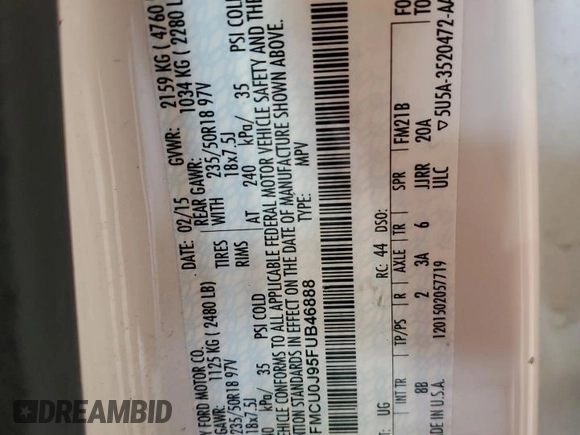 2015 Ford Escape Titanium with VIN 1FMCU0J95FUB46888, listed as a Copart auction lot 68542134 with Not Provided miles and Salvage Title. Bid and sale history available at DreamBid. Image 13.