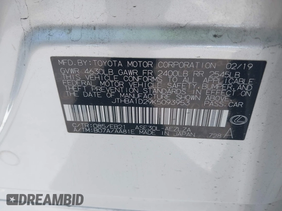 2019 Lexus IS with VIN JTHBA1D29K5093953, listed as a IAAI auction lot 41807795 with 28,055 mi miles. Bid and sale history available at carsss.com. Image 9.