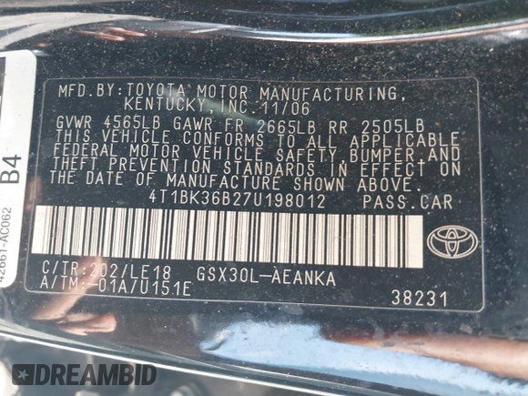 2007 Toyota Avalon XL z VIN 4T1BK36B27U198012, wystawiony jako IAAI lot #41816366 z przebiegiem 276 524 mil mil oraz . Historia ofert i sprzedaży dostępna na DreamBid. Obrazek 9.