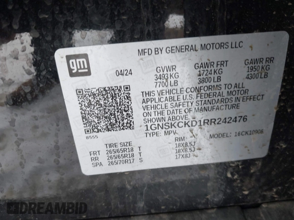 2024 Chevrolet Suburban LT z VIN 1GNSKCKD1RR242476, wystawiony jako IAAI lot #41577855 z przebiegiem 24 285 mil mil oraz . Historia ofert i sprzedaży dostępna na DreamBid. Obrazek 9.