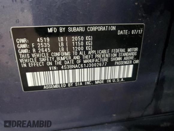 2018 Subaru Legacy Premium with VIN 4S3BNAC61J3002677, listed as a Copart auction lot 58313715 with 64,316 mi miles and Salvage title. Bid and sale history available at DreamBid. Image 12.