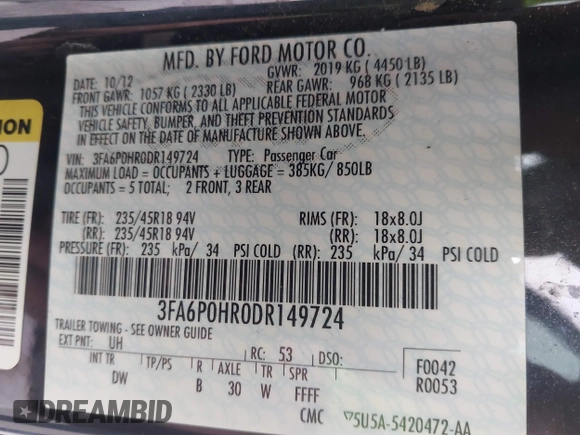 2013 Ford Fusion SE with VIN 3FA6P0HR0DR149724, listed as a IAAI auction lot 41475766 with 132,867 mi miles. Bid and sale history available at carsss.com. Image 9.