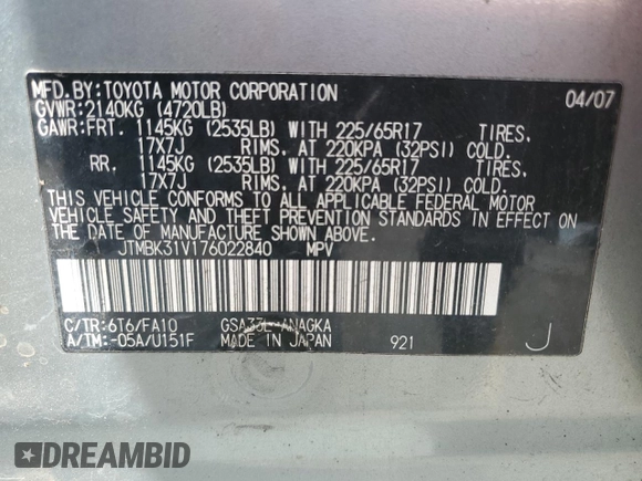 2007 Toyota RAV4 Limited with VIN JTMBK31V176022840, listed as a Copart auction lot 63366295 with 263,222 mi miles and Salvage title. Bid and sale history available at DreamBid. Image 14.