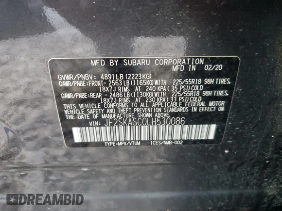 2020 Subaru Forester Limited with VIN JF2SKASC0LH530086, listed as a Copart auction lot 46599755 with 50,239 mi miles and Salvage Title. Bid and sale history available at carsss.com. Image 13.