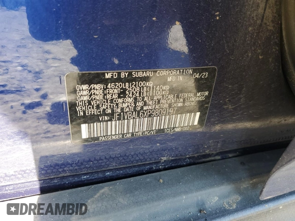 2023 Subaru WRX Limited with VIN JF1VBAL6XP9809197, listed as a Copart auction lot 41873905 with 36,902 mi miles and Salvage title. Bid and sale history available at DreamBid. Image 14.
