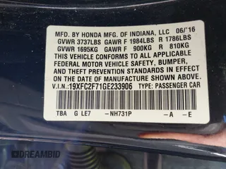 2016 Honda Civic EX with VIN 19XFC2F71GE233906, listed as a IAAI auction lot 41750986 with 184,270 mi miles and . Bid and sale history available at DreamBid. Image 9.