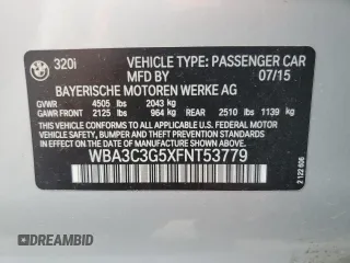 2015 BMW 3 Series 320i xDrive with VIN WBA3C3G5XFNT53779, listed as a Copart auction lot 59126795 with 63,906 mi miles and Salvage title. Bid and sale history available at DreamBid. Image 13.