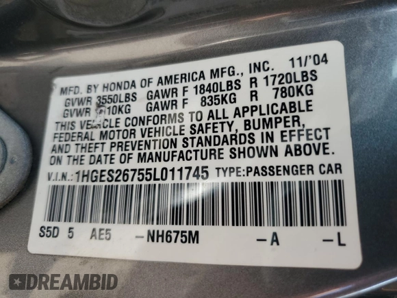 2005 Honda Civic EX with VIN 1HGES26755L011745, listed as a Copart auction lot 70913114 with 160,438 mi miles and Salvage Title. Bid and sale history available at DreamBid. Image 13.