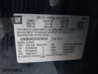2015 Chevrolet Suburban LT with VIN 1GNSKJKC0FR238524, listed as a IAAI auction lot 42046889 with 179,676 mi miles. Bid and sale history available at carsss.com. Image 9.