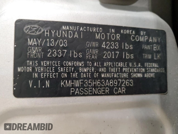 2003 Hyundai Sonata GLS with VIN KMHWF35H63A897263, listed as a Copart auction lot 52304565 with 112,708 mi miles and Non Repairable. Bid and sale history available at carsss.com. Image 15.