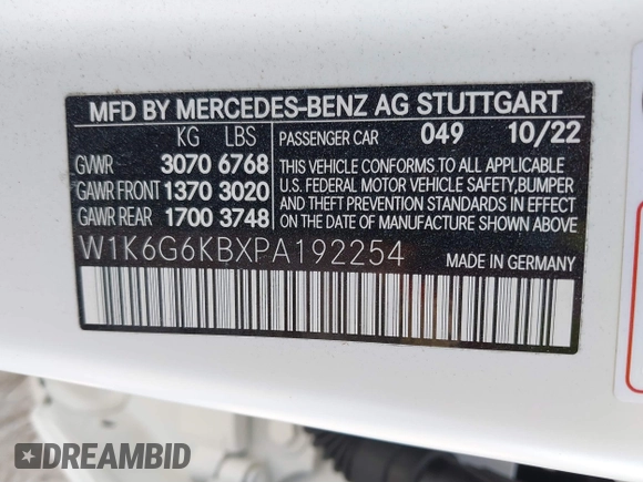 2023 Mercedes-Benz S-Class S 580e with VIN W1K6G6KBXPA192254, listed as a IAAI auction lot 40193174 with 6,178 mi miles. Bid and sale history available at carsss.com. Image 9.