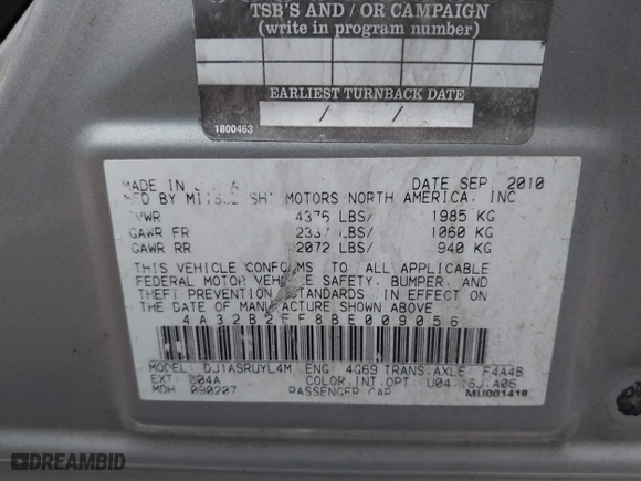 2011 Mitsubishi Galant FE with VIN 4A32B2FF8BE009056, listed as a IAAI auction lot 42047091 with 160,535 mi miles. Bid and sale history available at carsss.com. Image 9.