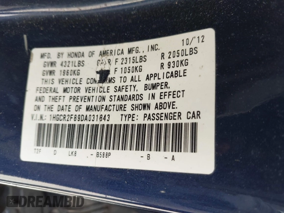 2013 Honda Accord EX-L with VIN 1HGCR2F89DA031843, listed as a IAAI auction lot 42108077 with 154,419 mi miles and . Bid and sale history available at DreamBid. Image 9.