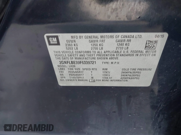 2015 Chevrolet Equinox LT with VIN 2GNFLBE39F6339721, listed as a IAAI auction lot 41729827 with Not Provided miles and . Bid and sale history available at carsss.com. Image 9.