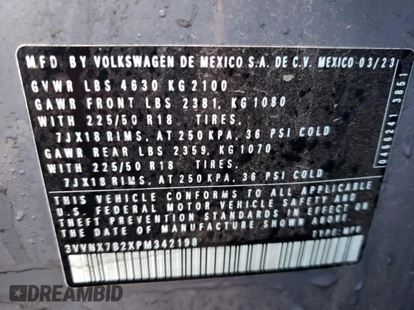 2023 Volkswagen Taos SE z VIN 3VVNX7B2XPM342198, wystawiony jako Copart lot #83574244 z przebiegiem 18 732 mil mil oraz Szkoda całkowita • Salvage title. Historia ofert i sprzedaży dostępna na DreamBid. Obrazek 12.