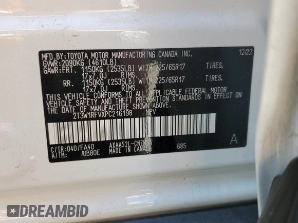 2023 Toyota RAV4 XLE with VIN 2T3W1RFVXPC216198, listed as a Copart auction lot 49070535 with 19,666 mi miles and Salvage Title. Bid and sale history available at carsss.com. Image 13.