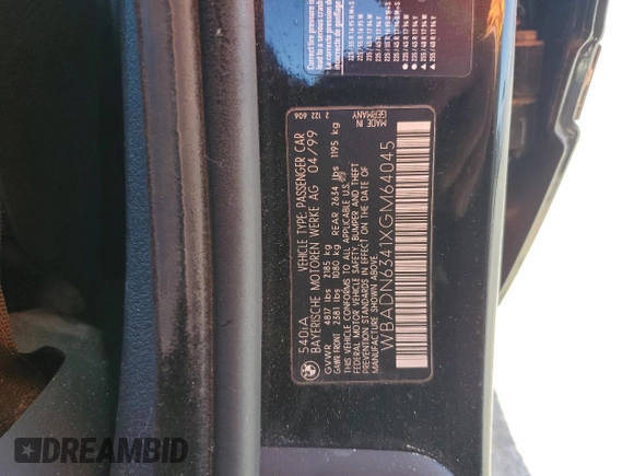1999 BMW 5 Series 540i z VIN WBADN6341XGM64045, wystawiony jako Copart lot #58277545 z przebiegiem Nie podano mil oraz Czysty tytuł • Clean title. Historia ofert i sprzedaży dostępna na DreamBid. Obrazek 12.