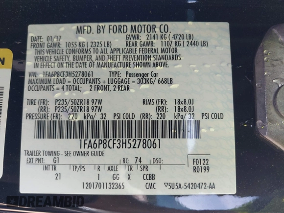 2017 Ford Mustang GT with VIN 1FA6P8CF3H5278061, listed as a IAAI auction lot 41883020 with 15,547 mi miles and . Bid and sale history available at DreamBid. Image 9.